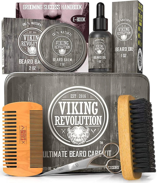 Beard Care Kit for Men - Beard Brush, Wooden Comb, Beard Balm, Beard Oil, Beard & Mustache Scissors